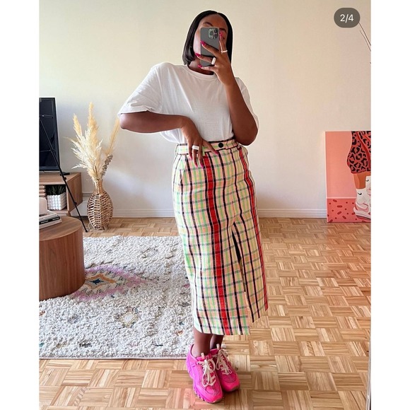 Zara EUC Structure Midi Tweed Checked Skirt Pencil Size S Pink Green - Picture 2 of 14